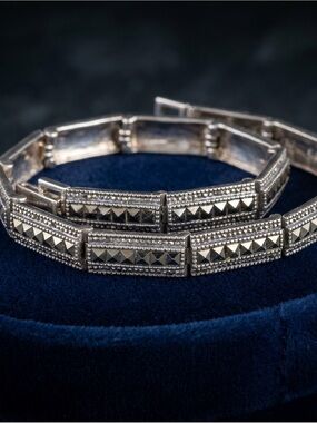 Vintage Sterling Silver Marcasite Link Bracelet 7” | Art Deco Style